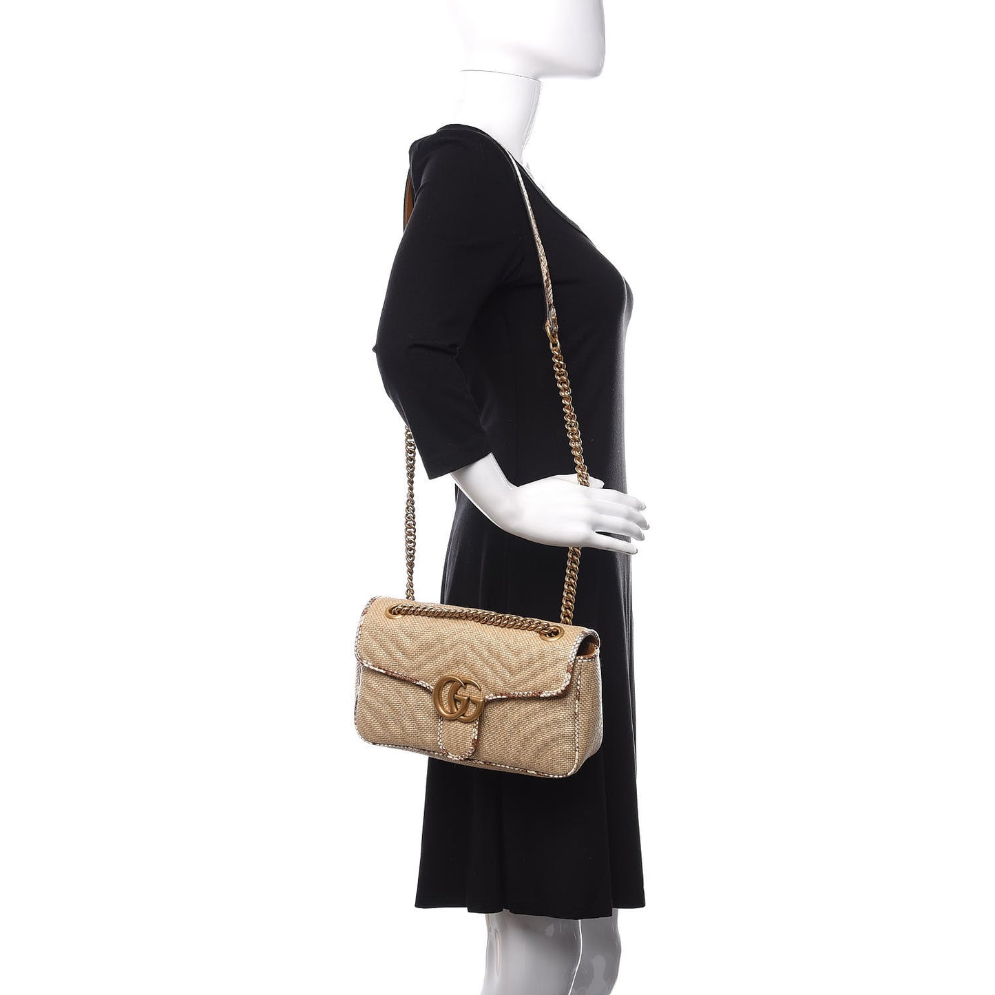 Raffia Elaphe Matelasse Small GG Marmont Shoulder Bag Natural Cream Brown