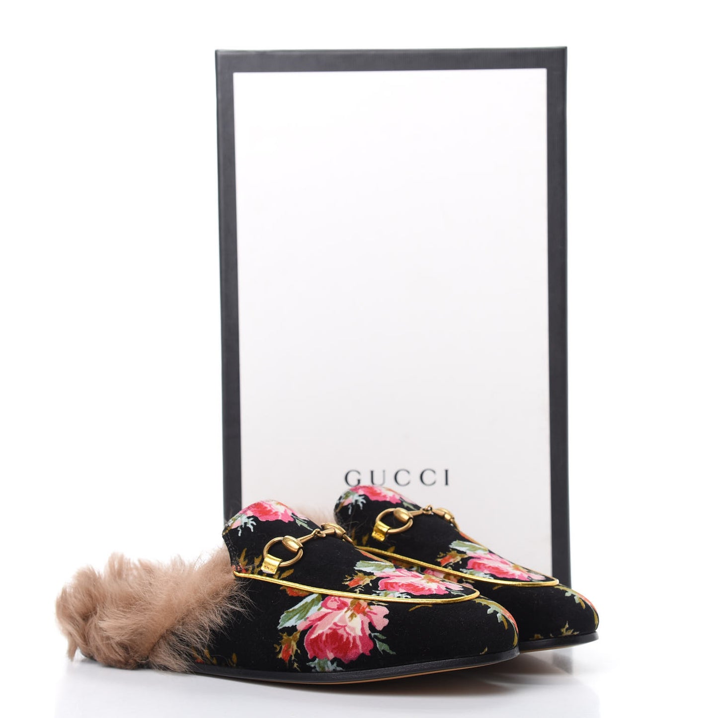Velvet Fur Floral Womens Princetown Slippers 36 Black