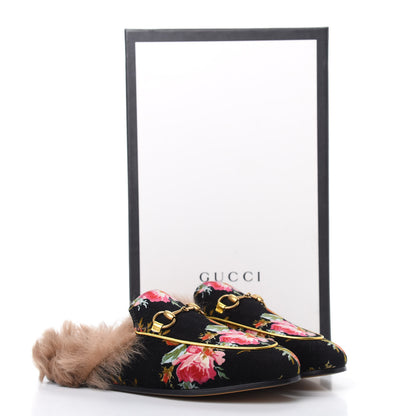 Gucci Velvet Fur Floral Womens Princetown Slippers 36 Black 10 of 10