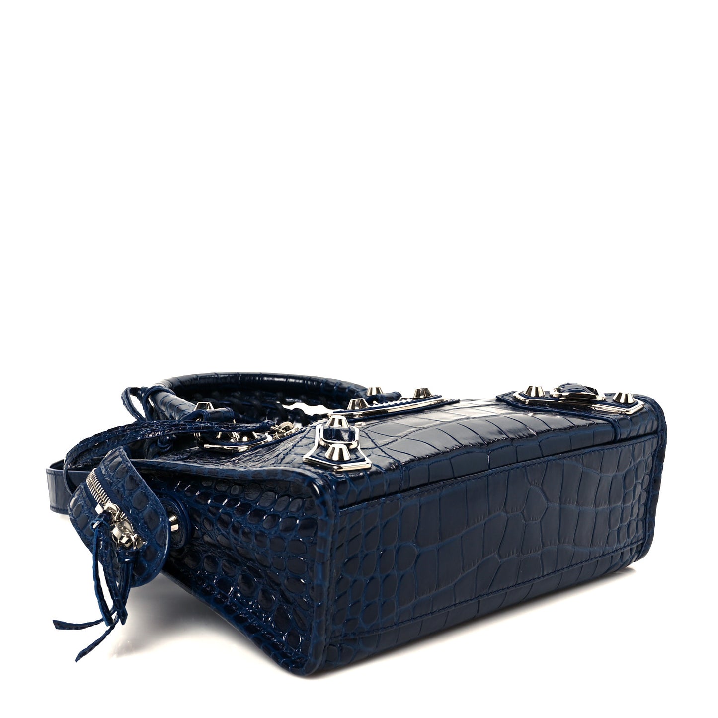 Shiny Supple Calfskin Crocodile Embossed Silver Metallic Edge Hardware Mini City Navy