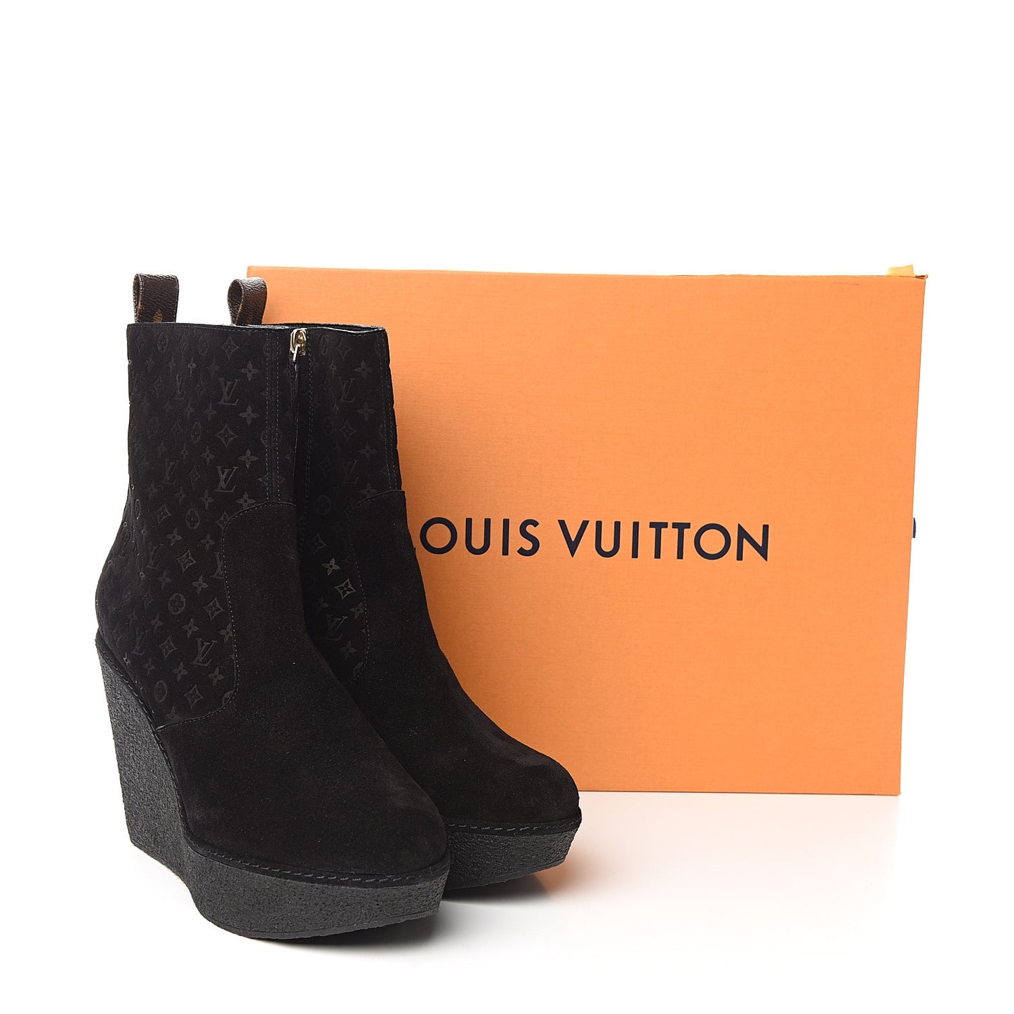 Monogram Embossed Suede Wedge Low Boots 38.5 Black