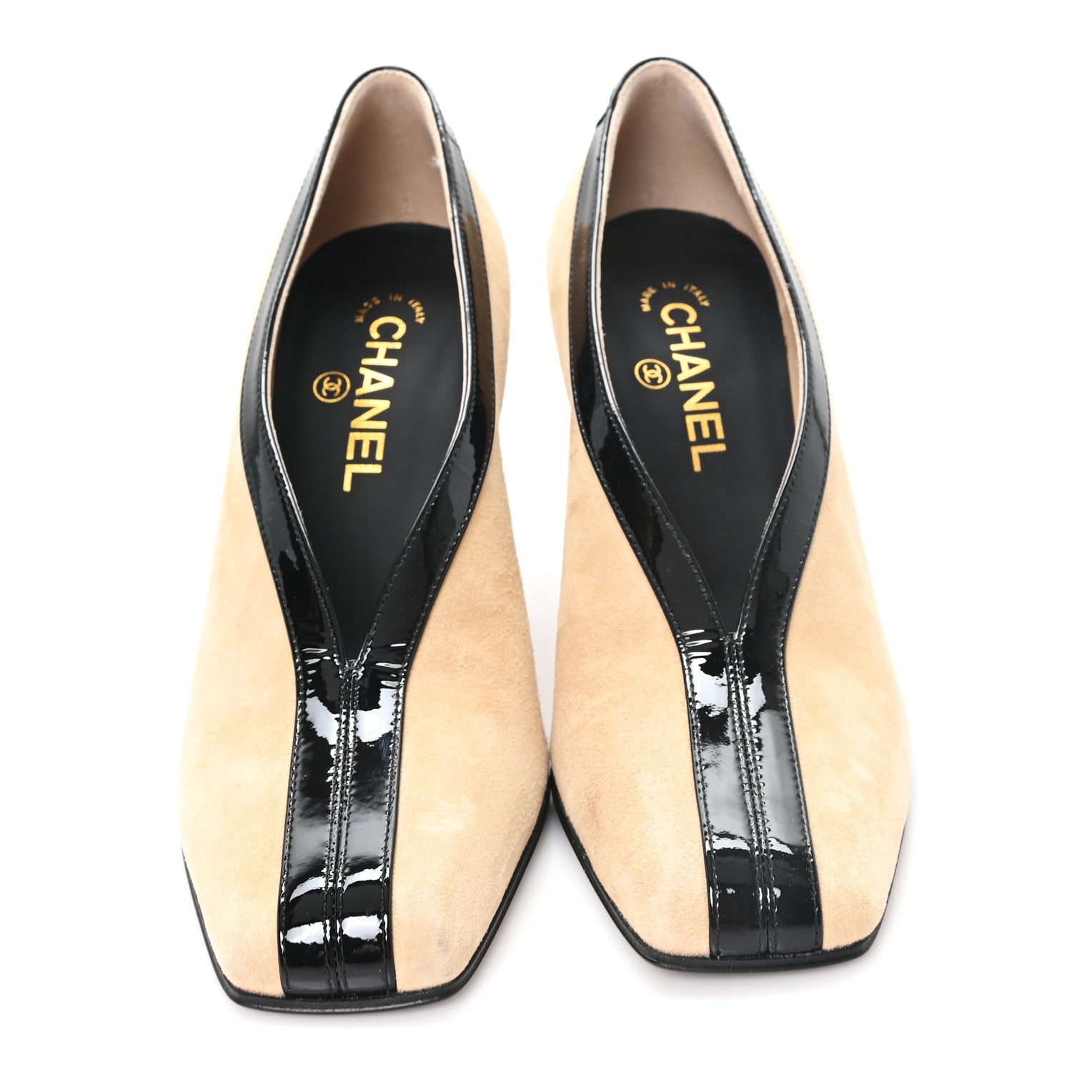 Chanel Suede Patent Calfskin Pumps 38.5 Beige Black 3 of 10