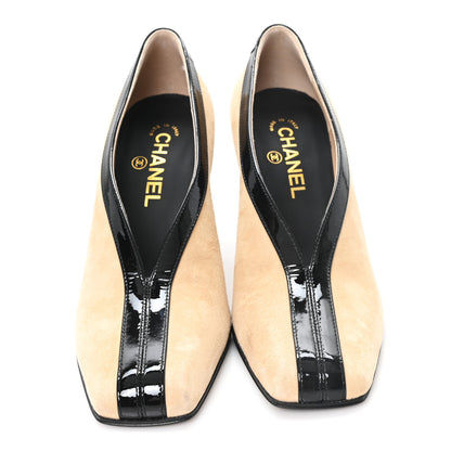 Chanel Suede Patent Calfskin Pumps 38.5 Beige Black 3 of 10
