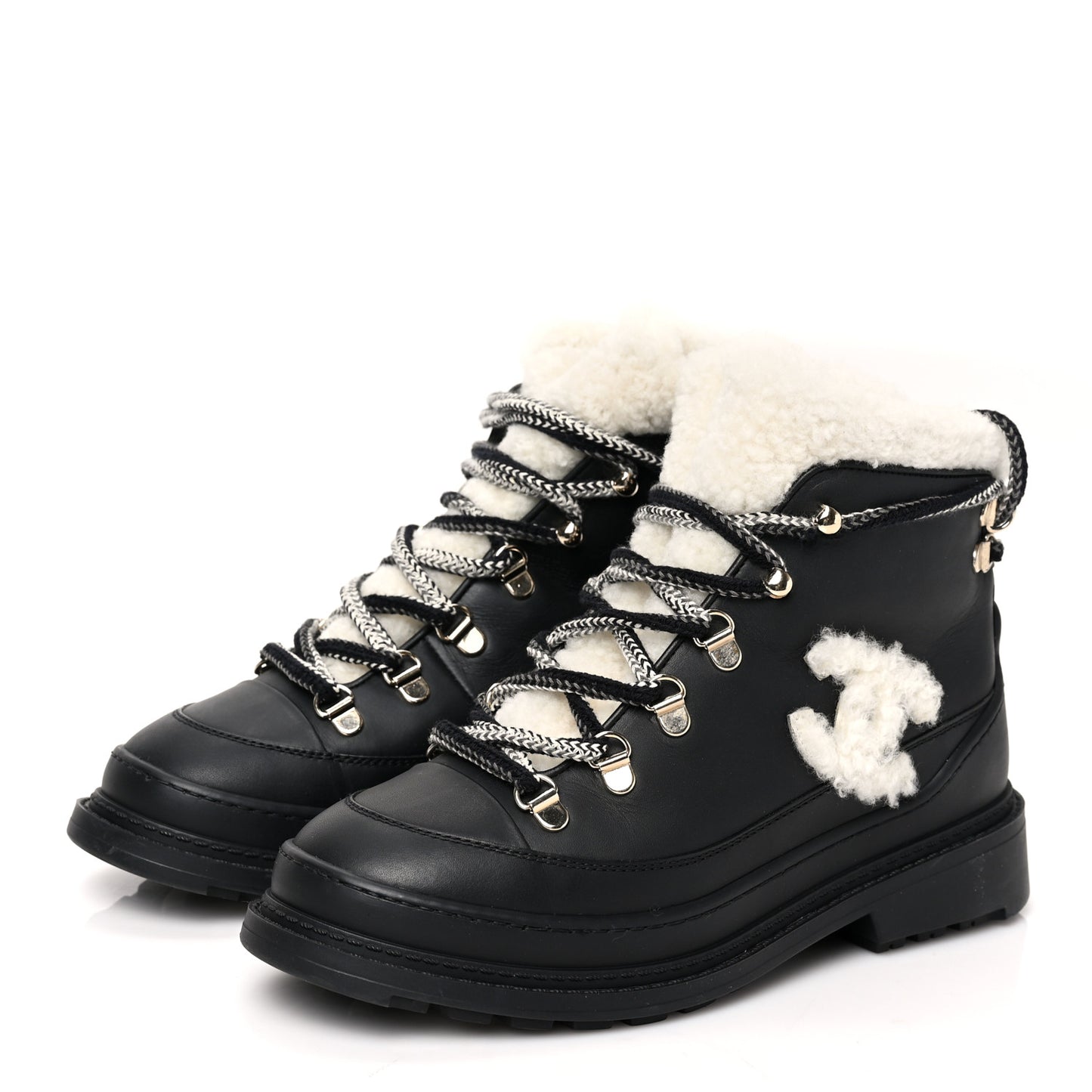 Calfskin Shearling CC Lace Up Boots 36 Black