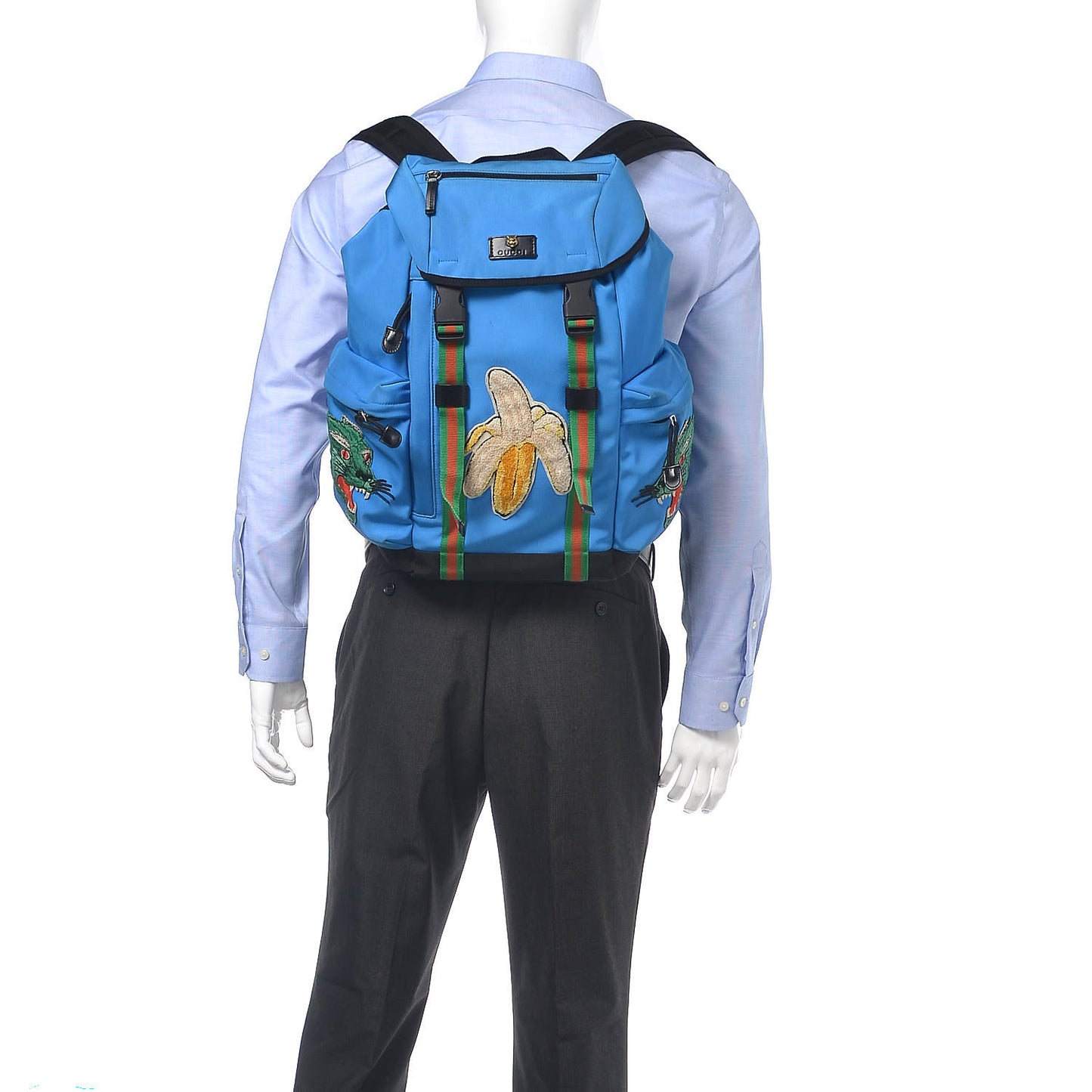 Nylon Embroidered Web Double Buckle Backpack Blue