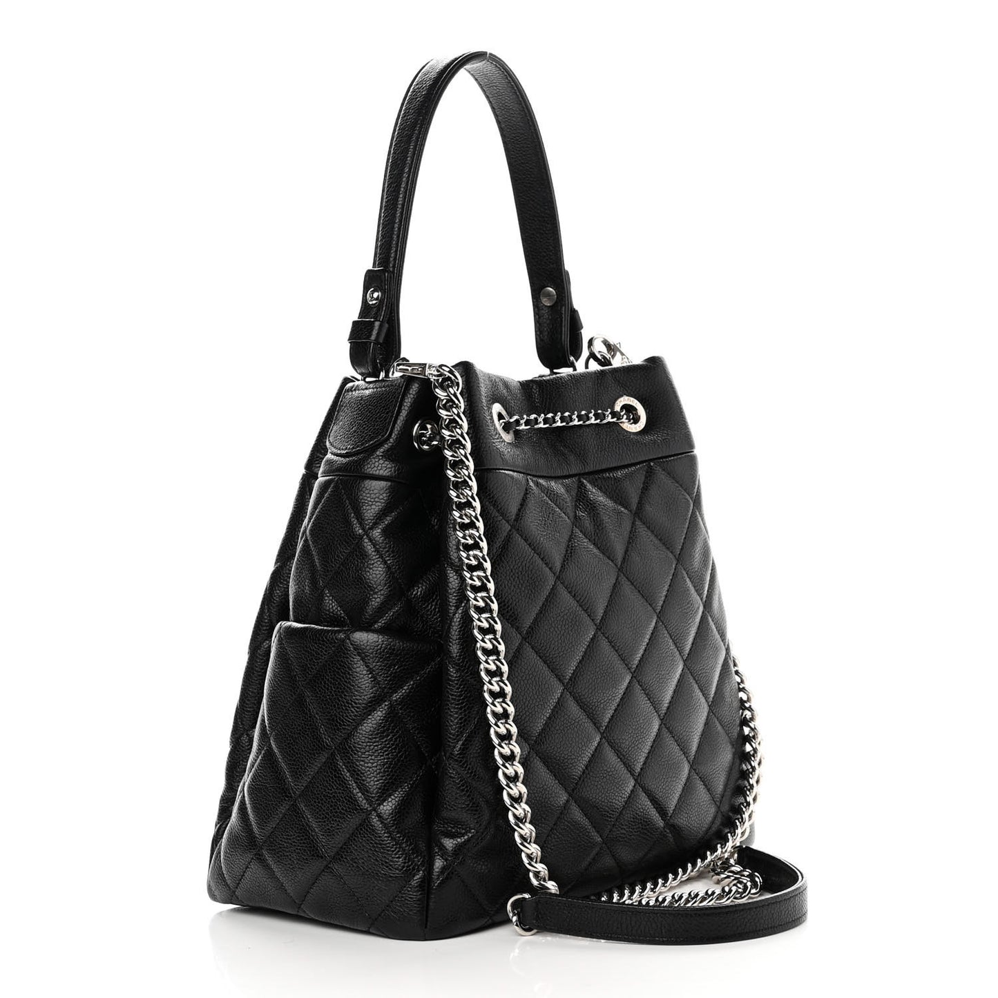 Caviar Flat Quilted CC Chain Bucket Drawstring Bag Black