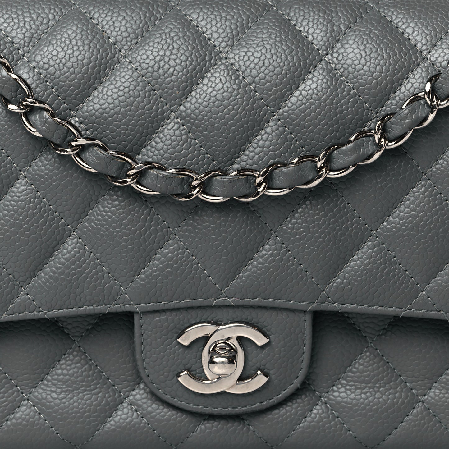 Caviar Quilted Medium Double Flap Grey