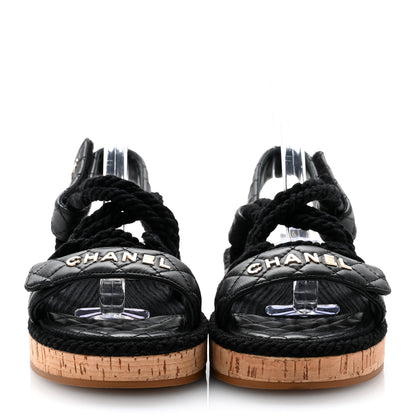 Chanel Cord Lambskin Quilted Logo Sandals 38 Black 2 of 9