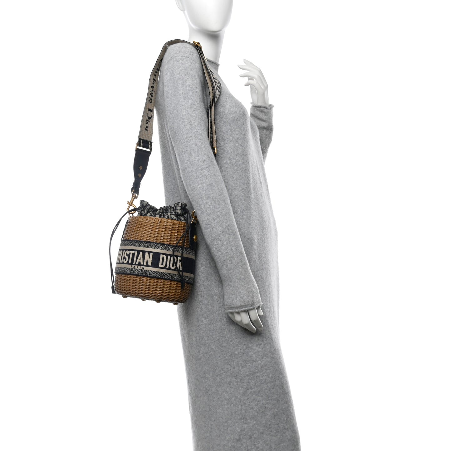 Wicker Oblique Drawstring Bucket Bag Blue