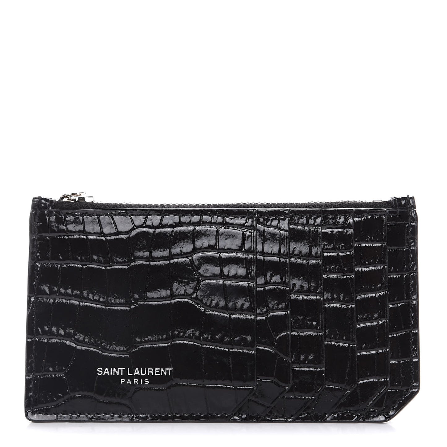 Calfskin Crocodile Embossed 5 Fragments Zip Pouch Card Holder Black
