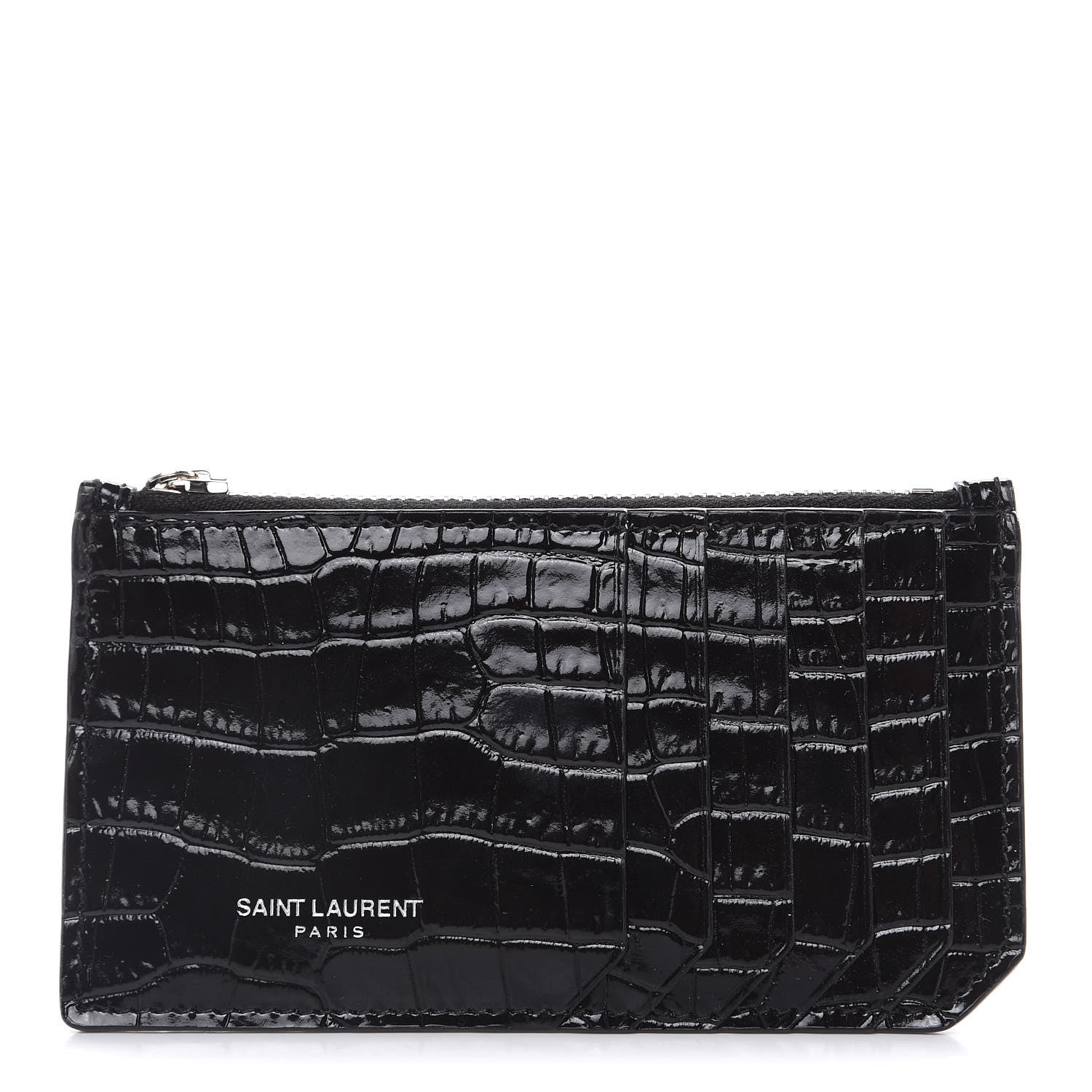 Saint Laurent Calfskin Crocodile Embossed 5 Fragments Zip Pouch Card Holder Black 1 of 6