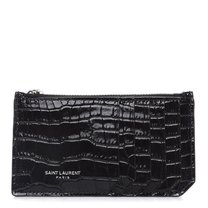 Saint Laurent Calfskin Crocodile Embossed 5 Fragments Zip Pouch Card Holder Black 1 of 6
