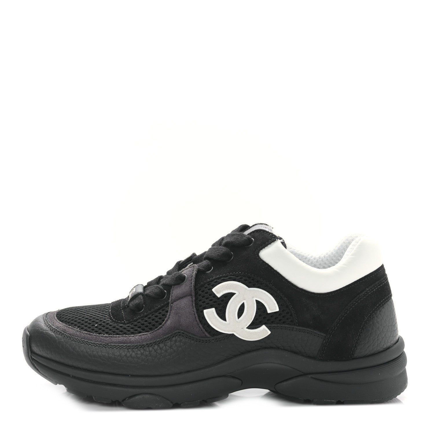 Chanel Mesh Suede Grained Calfskin Womens CC Sneakers 37 Black White 1 of 8