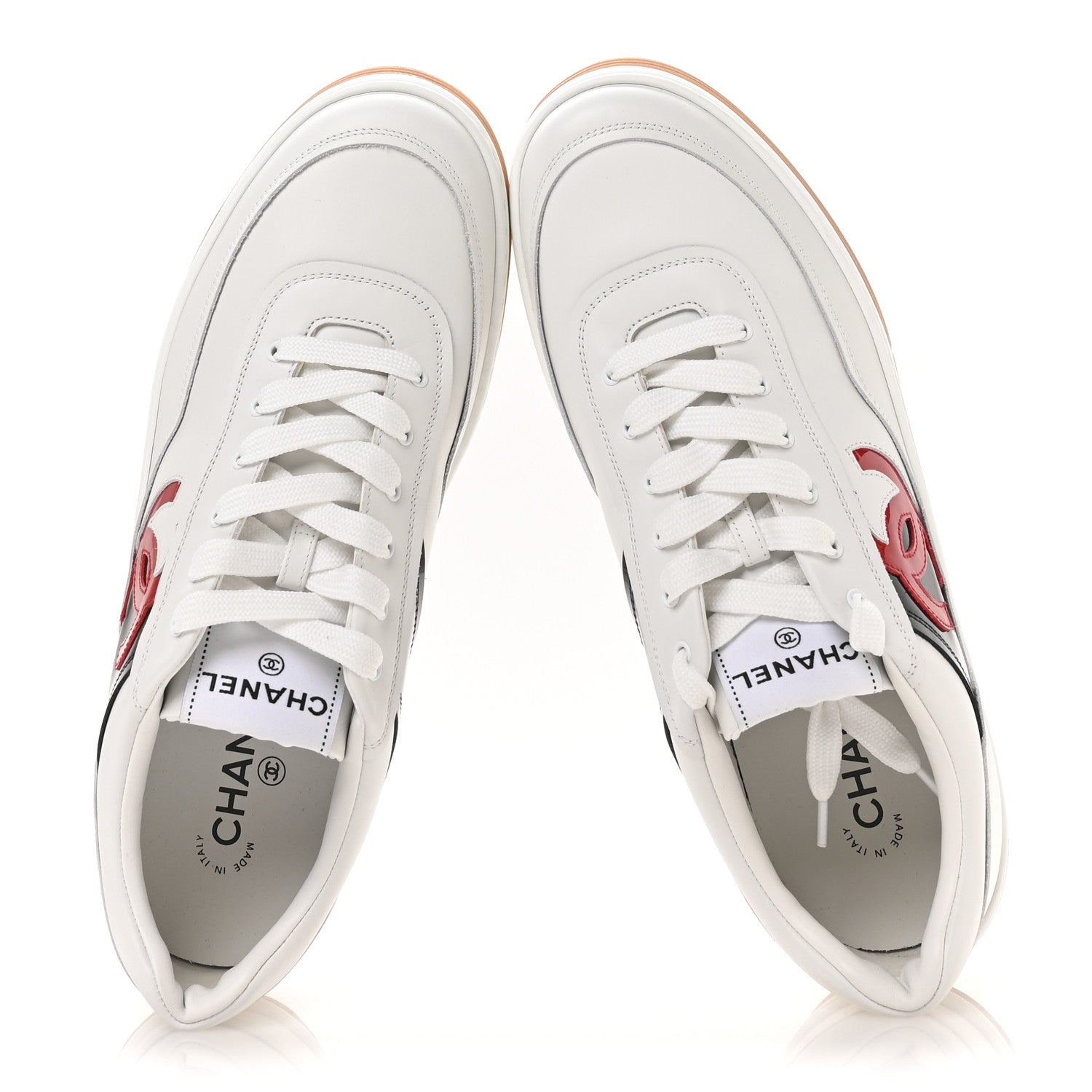 Chanel Calfskin Patent Calfskin Mens CC Sneakers 44 White Black Red 2 of 9
