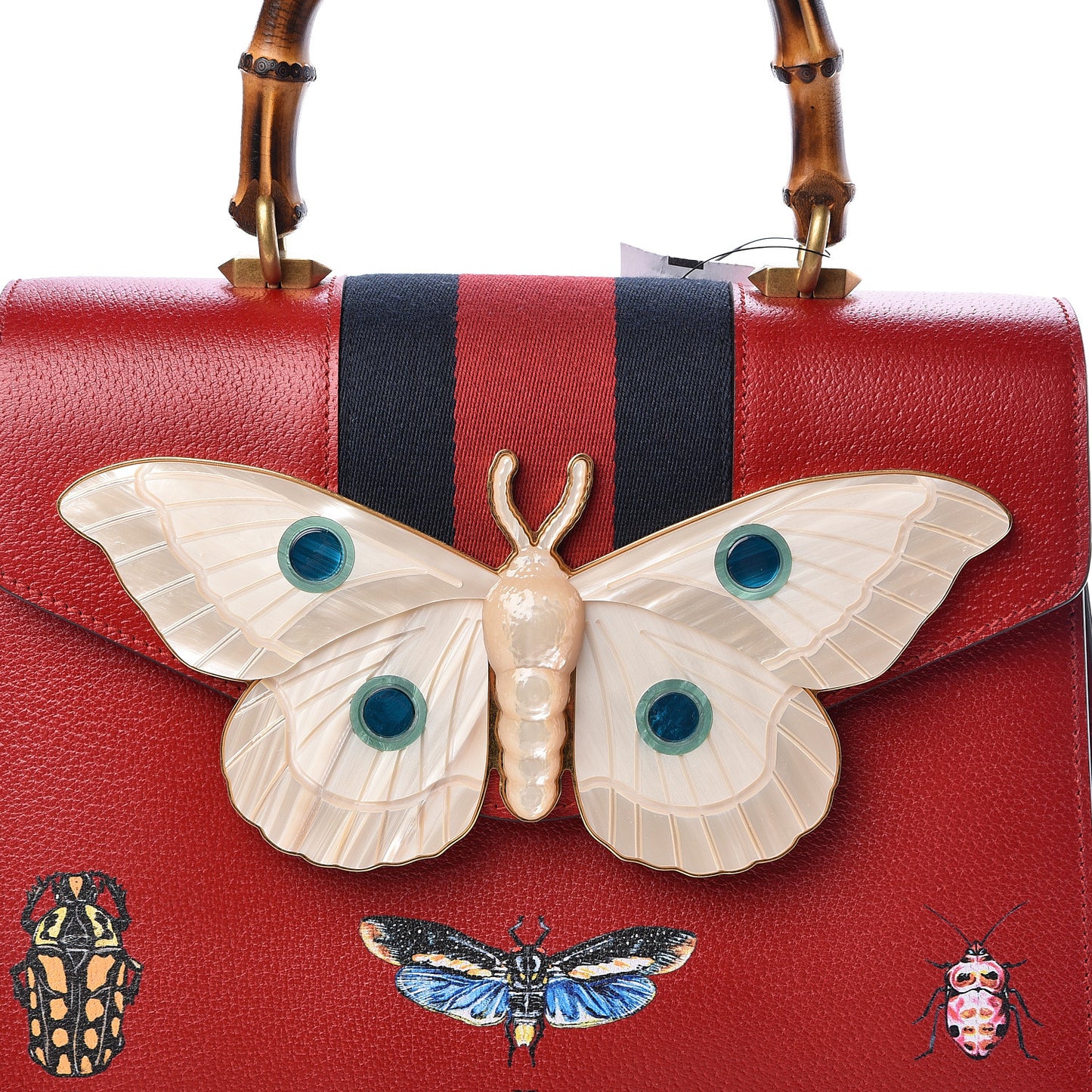 Calfskin Bamboo Web Medium Falena Moth Top Handle Bag Hibiscus Red