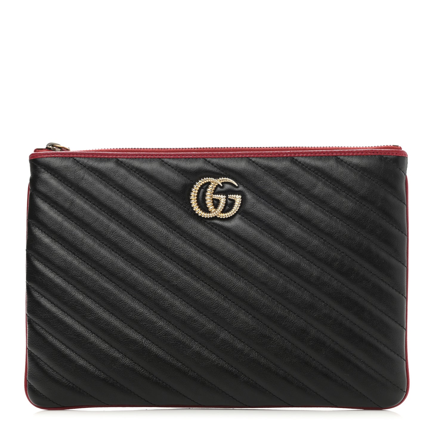 Azalea Calfskin Matelasse Diagonal Torchon GG Marmont Zip Pouch Black Romantic Cerise