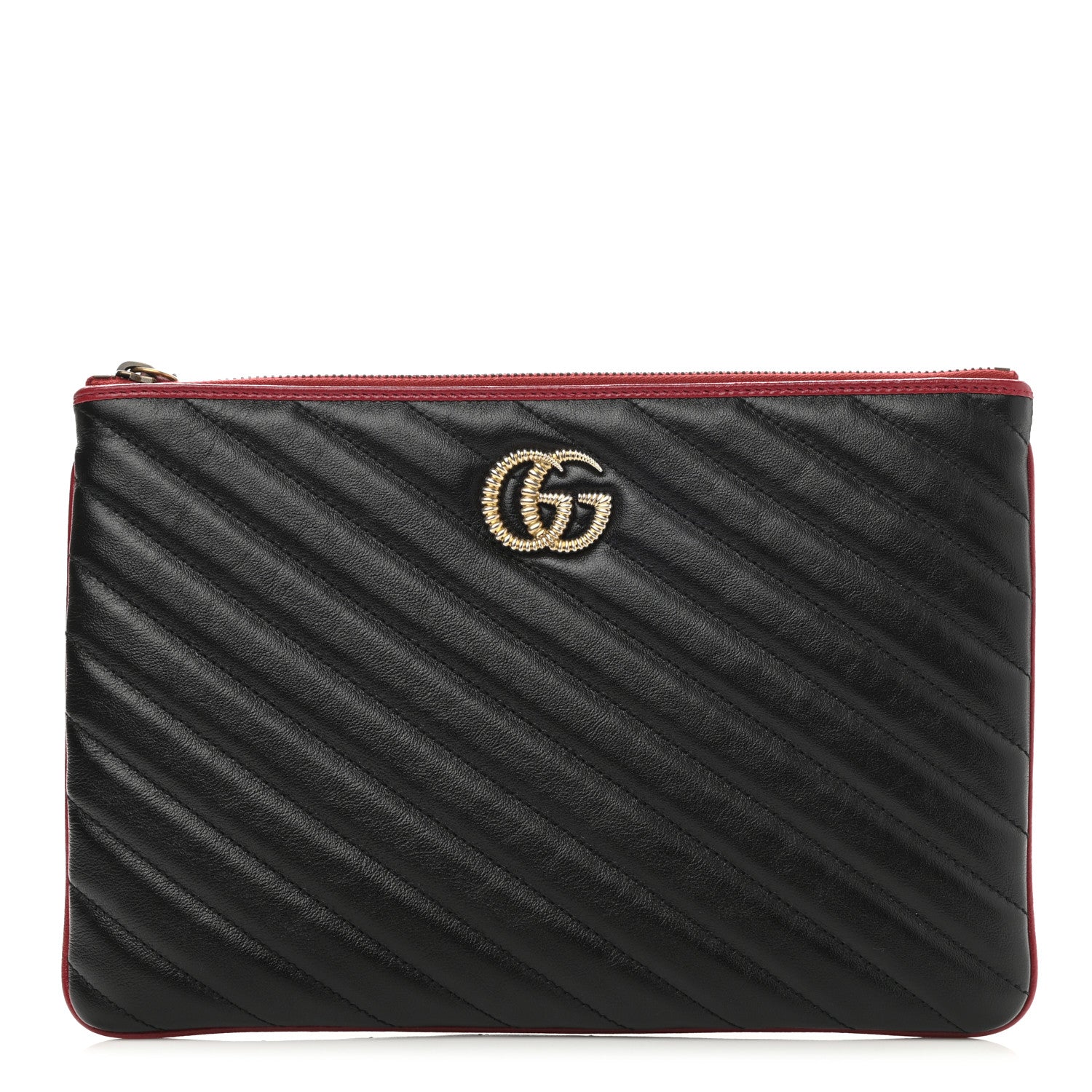 Gucci Azalea Calfskin Matelasse Diagonal Torchon GG Marmont Zip Pouch Black Romantic Cerise 1 of 8