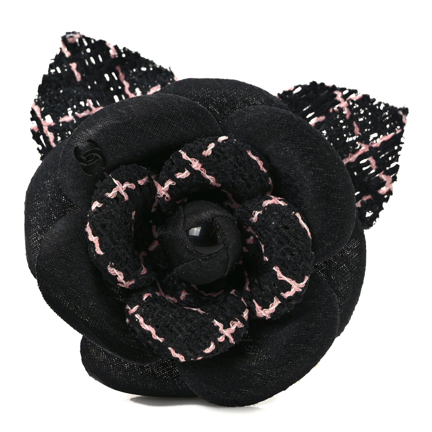 Tweed Camellia Pin Brooch Black Pink