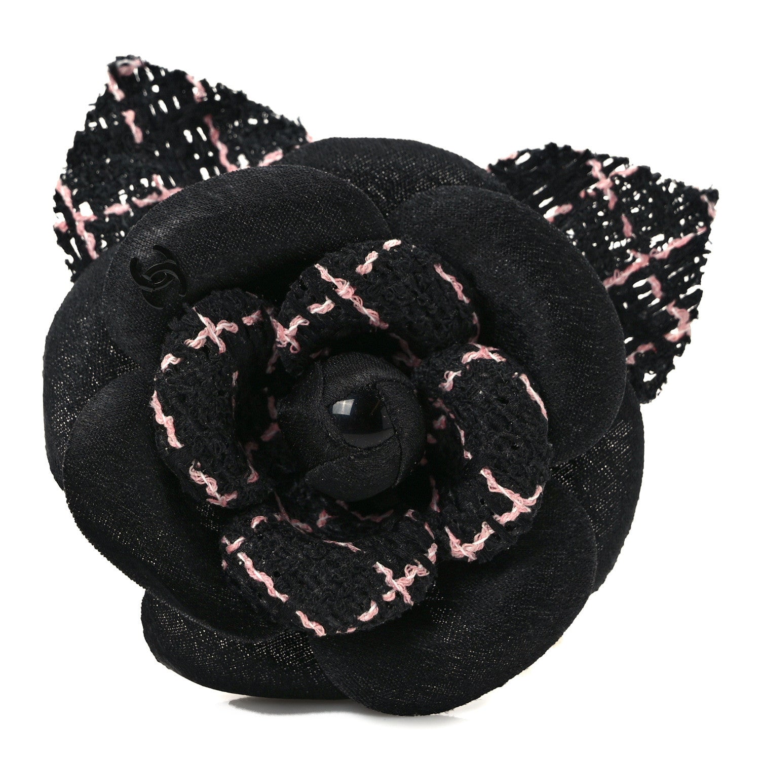 Chanel Tweed Camellia Pin Brooch Black Pink 1 of 6