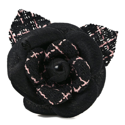 Chanel Tweed Camellia Pin Brooch Black Pink 1 of 6