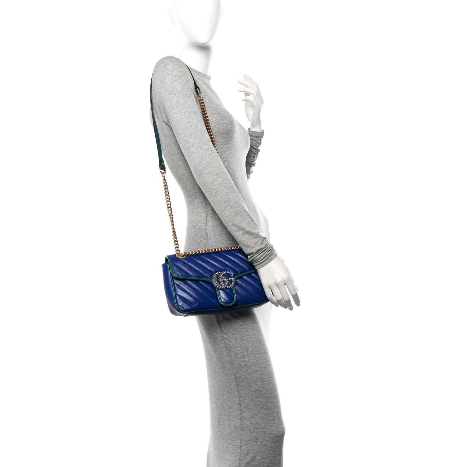 Gucci Azalea Calfskin Enamel Matelasse Diagonal Small Torchon GG Marmont Shoulder Bag Imperial Blue Pavone 3 of 10