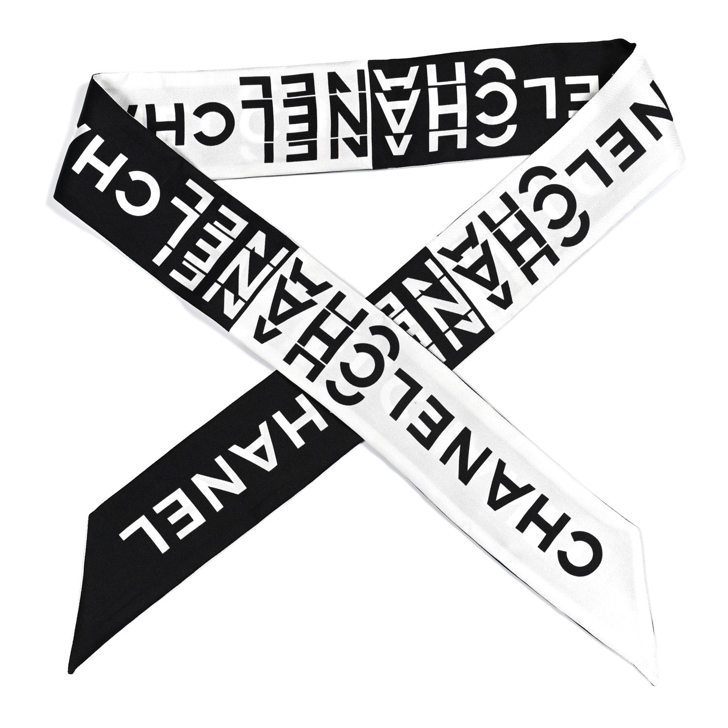 Chanel Silk Logo Slim Bandeau Scarf Black White 1 of 3