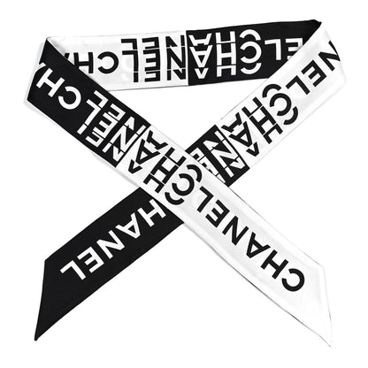 Chanel Silk Logo Slim Bandeau Scarf Black White 1 of 3