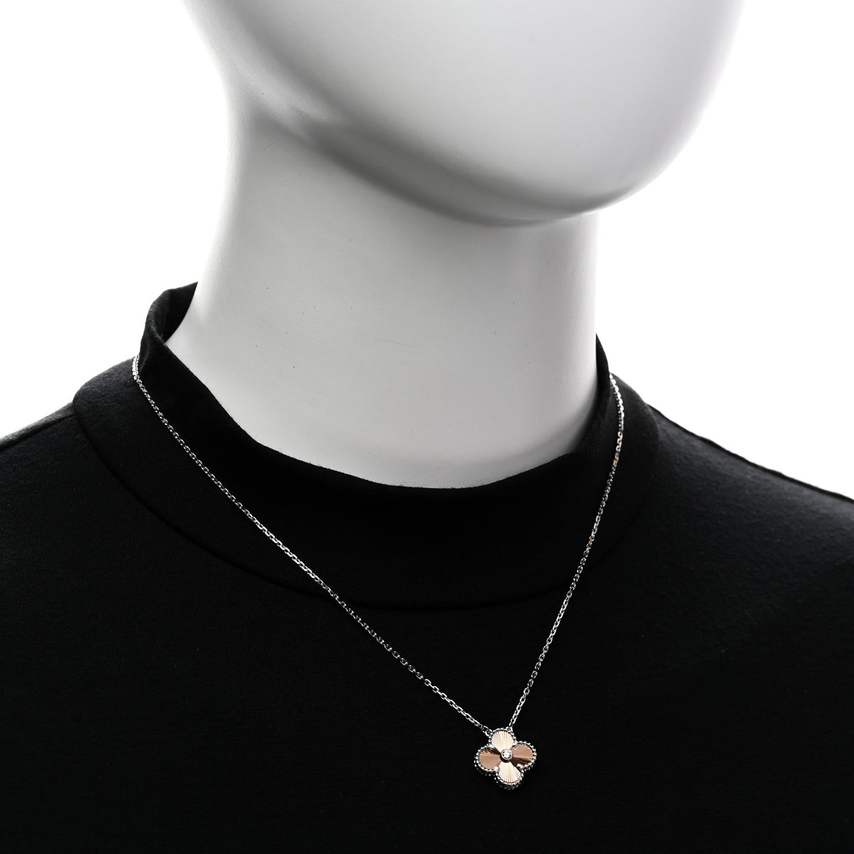 18K White Rose Gold Diamond Guilloche Vintage Alhambra Pendant Necklace