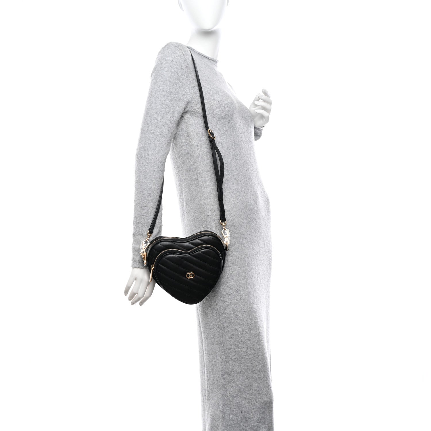Gucci Calfskin Matelasse Diagonal Mini Interlocking G Heart Shoulder Bag Black 2 of 11
