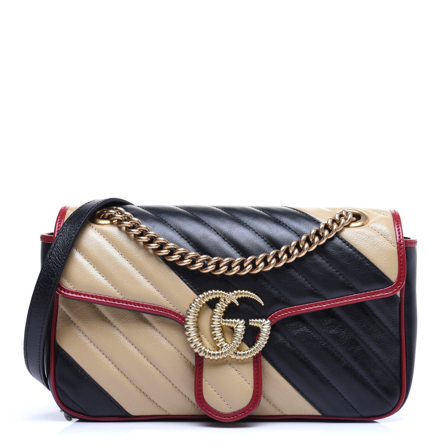 Vintage Effect Calfskin Matelasse Diagonal Striped Small Torchon GG Marmont Shoulder Bag Black Beige