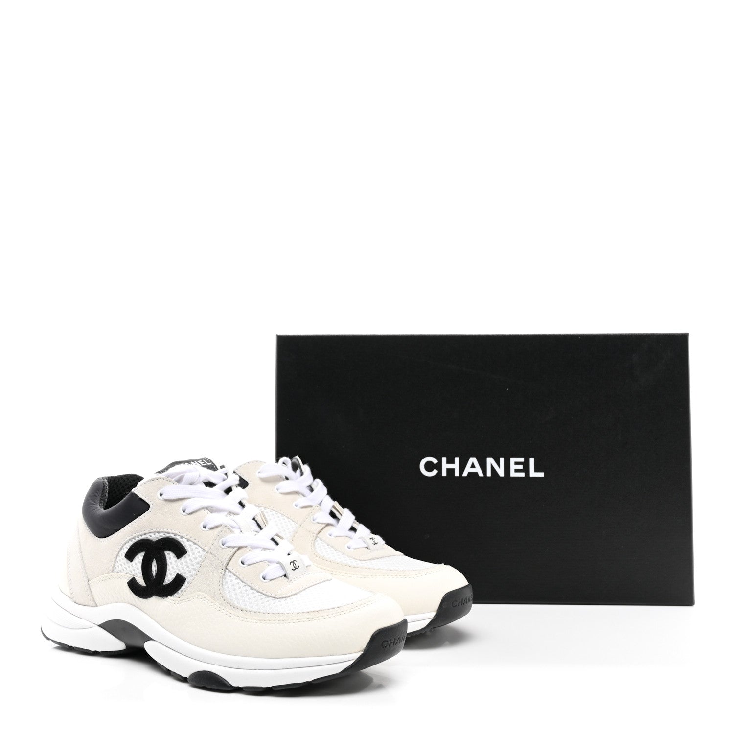 Chanel Mesh Suede Calfskin Grained Calfskin Womens CC Sneakers 39.5 White Black 9 of 9