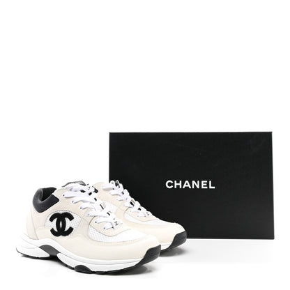 Chanel Mesh Suede Calfskin Grained Calfskin Womens CC Sneakers 39.5 White Black 9 of 9