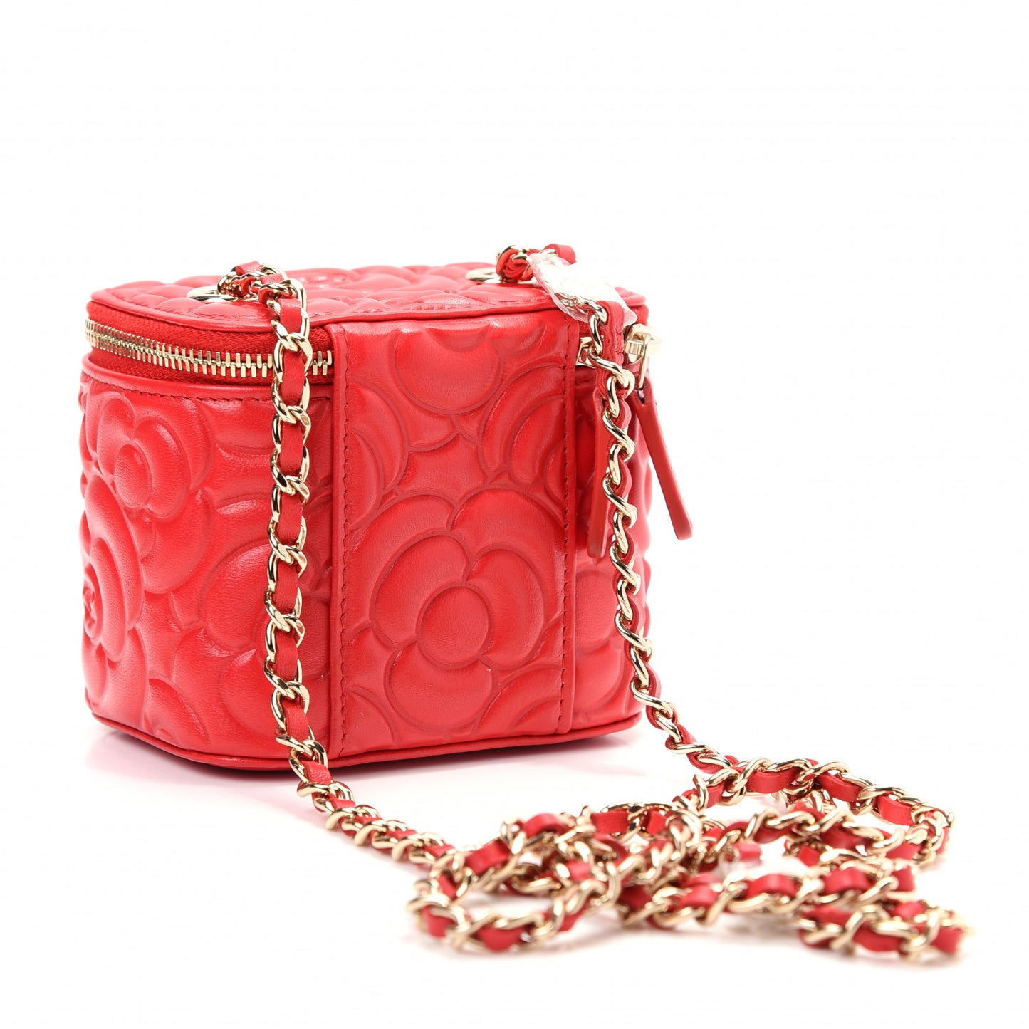 Lambskin Camellia Embossed Mini Vanity Case With Chain Red