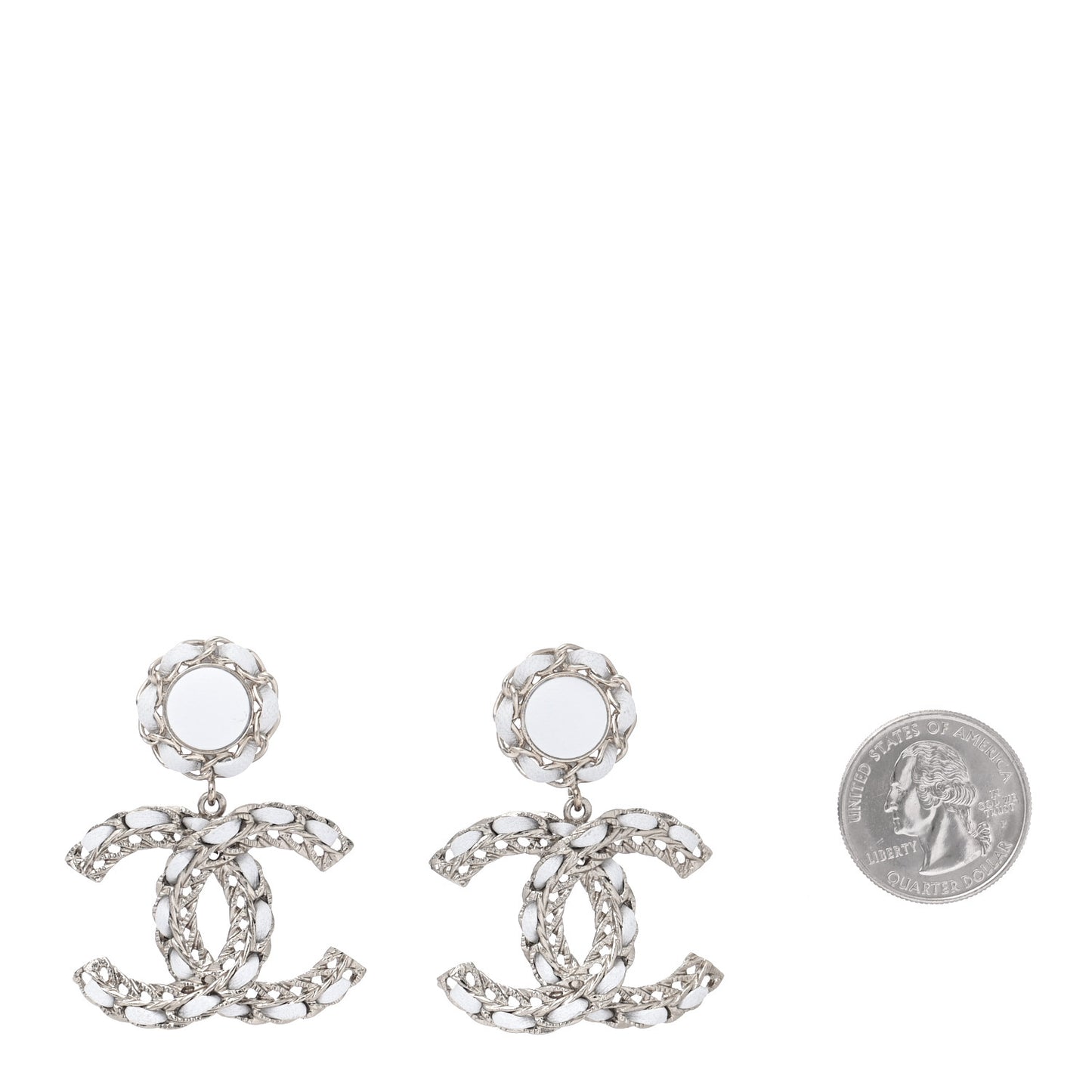 Lambskin Metal Chain CC Drop Earrings White Gold