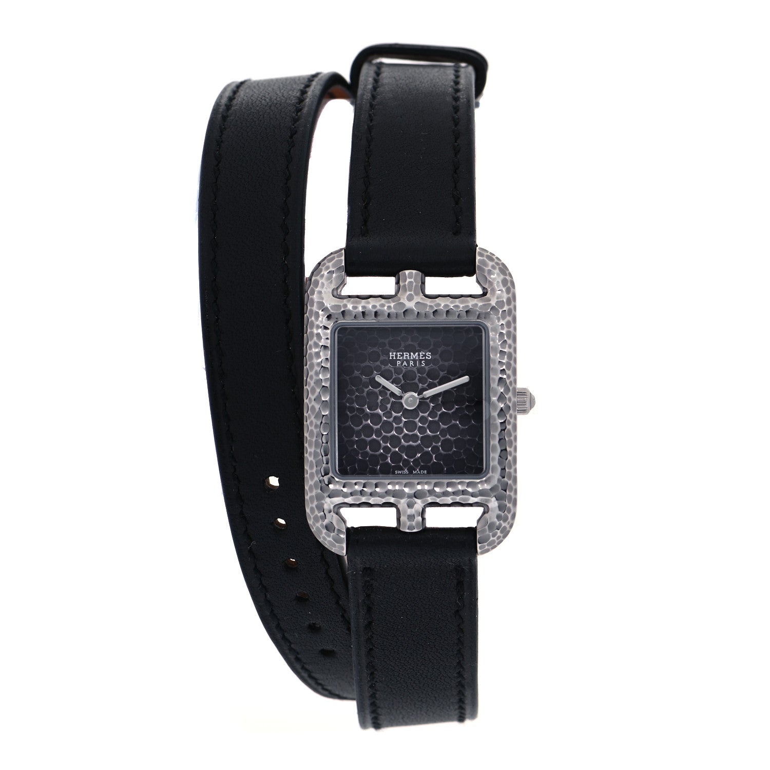 Hermes Stainless Steel Barenia 23mm Cape Cod Martelee Double Tour Quartz Watch Noir 1 of 5