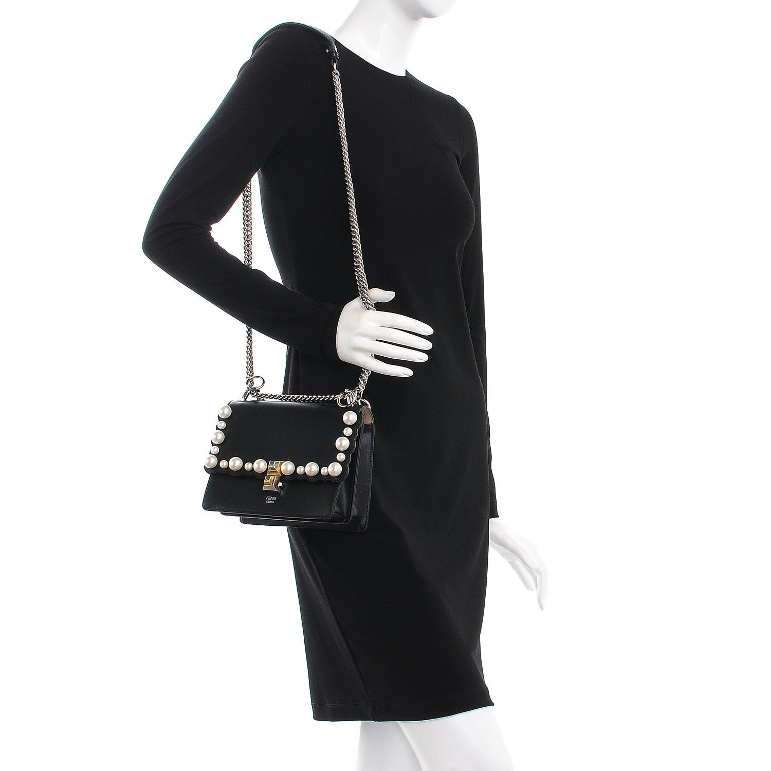 Fendi Vitello Liberty Pearl Scalloped Studded Small Kan I Shoulder Bag Black 2 of 7