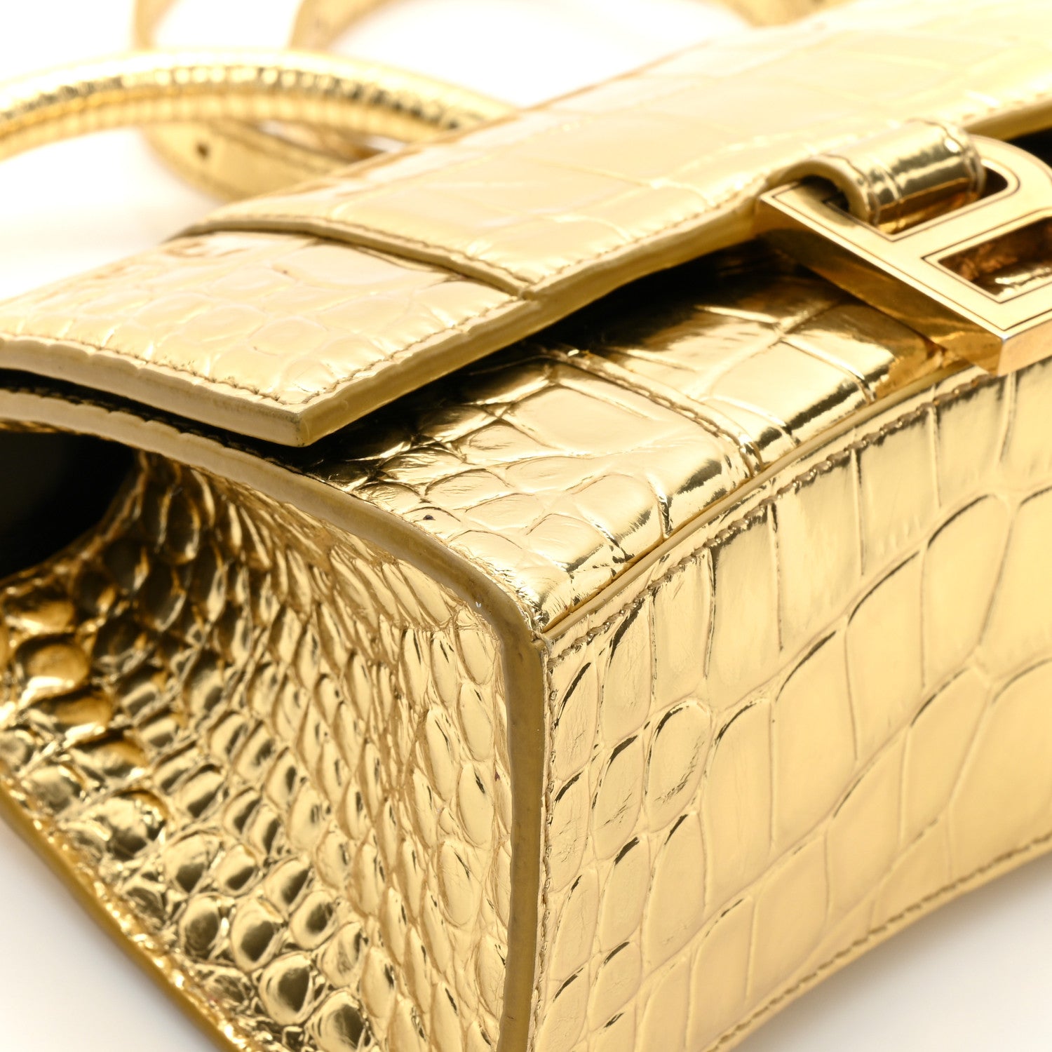 Balenciaga Metallic Calfskin Crocodile Embossed Hourglass Top Handle Bag XS Gold 13 of 16