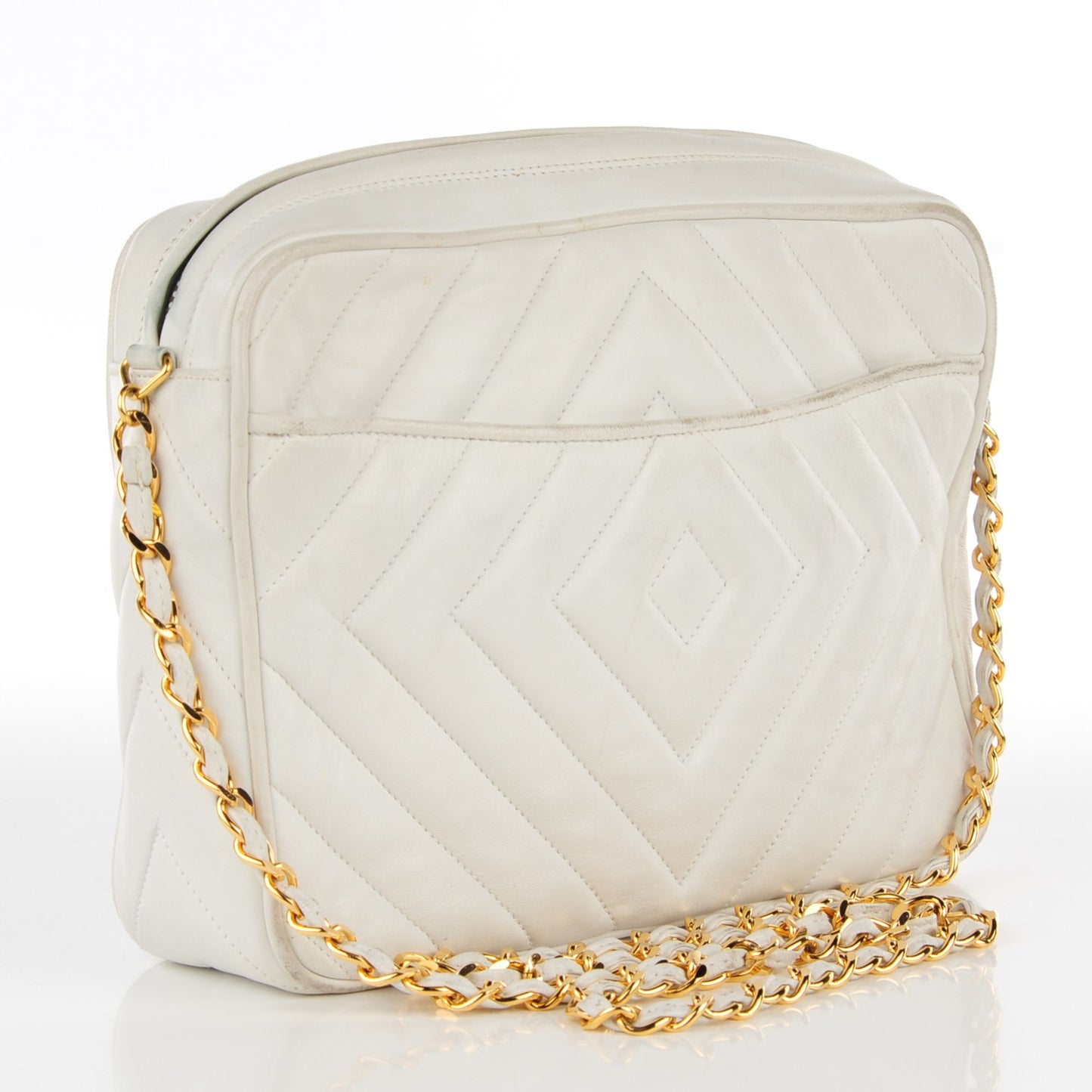 Lambskin Chevron Medium Tassel Camera Case White