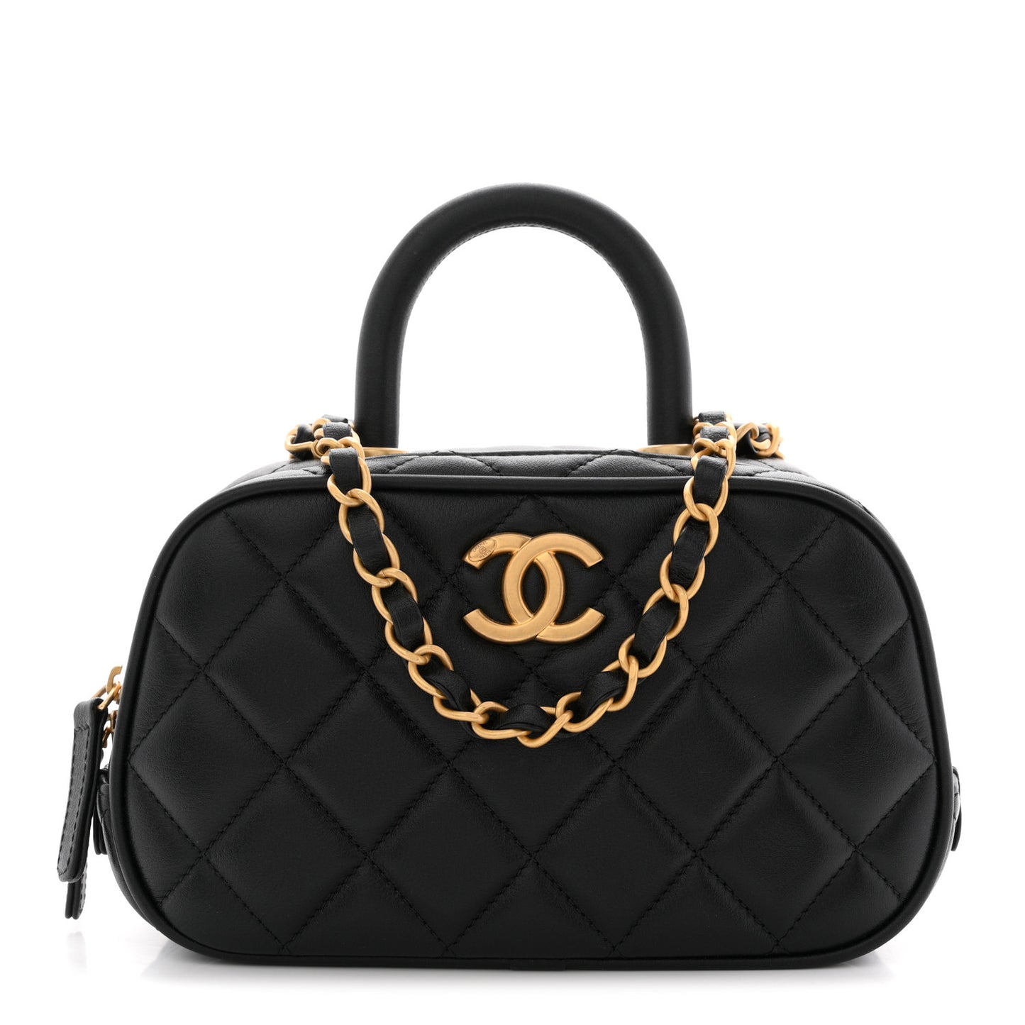 Lambskin Quilted Top Handle Mini Bowling Bag Black