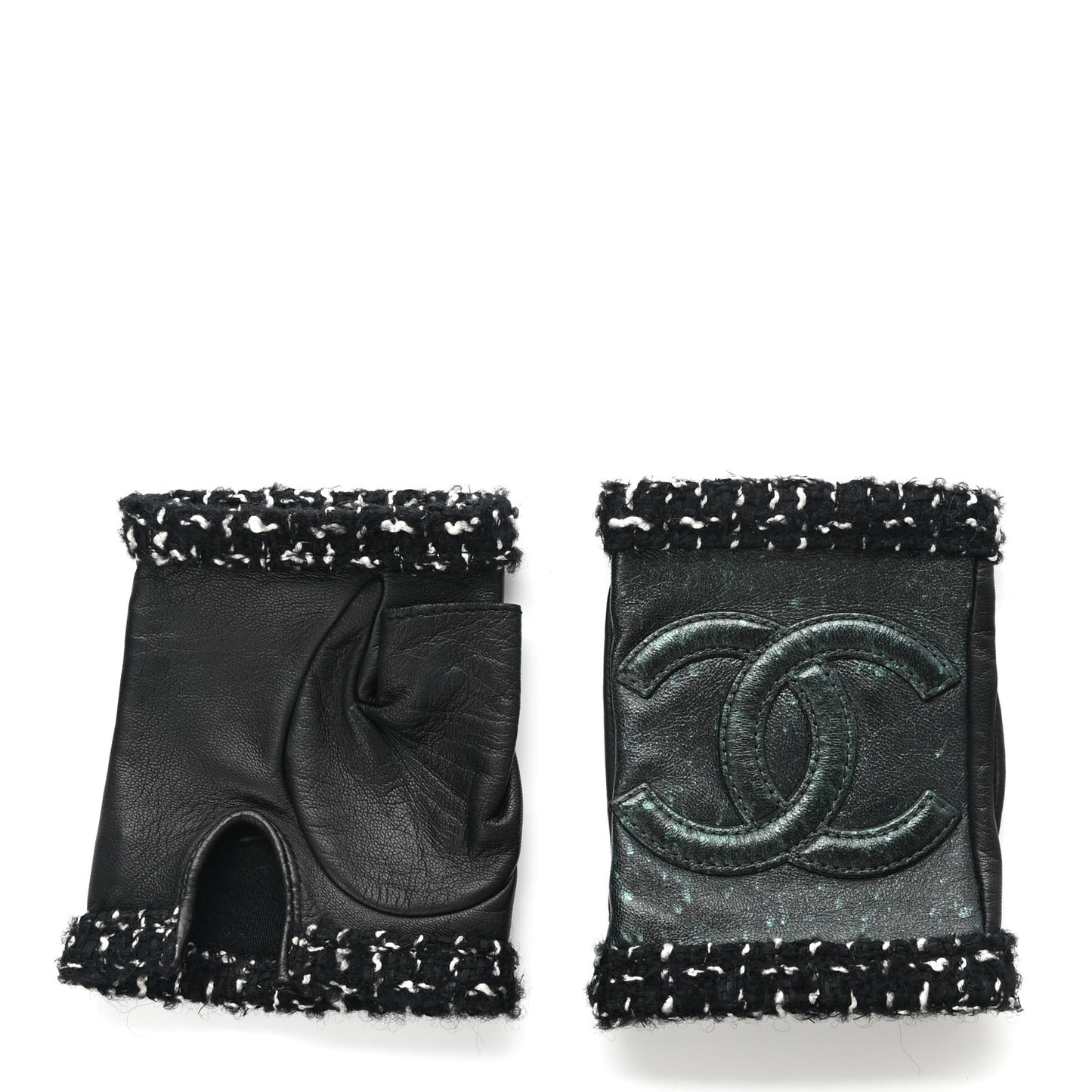 Metallic Lambskin Tweed CC Fingerless Gloves 6.5 Black Green