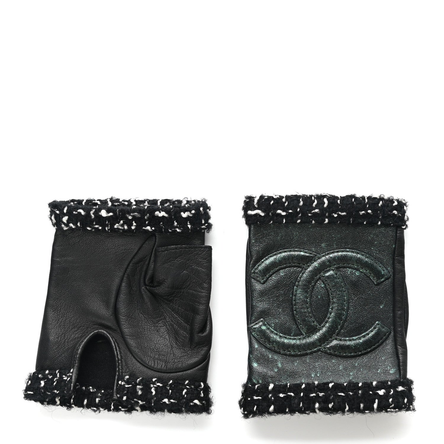 Chanel Metallic Lambskin Tweed CC Fingerless Gloves 6.5 Black Green 2 of 6
