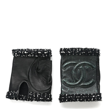 Chanel Metallic Lambskin Tweed CC Fingerless Gloves 6.5 Black Green 2 of 6