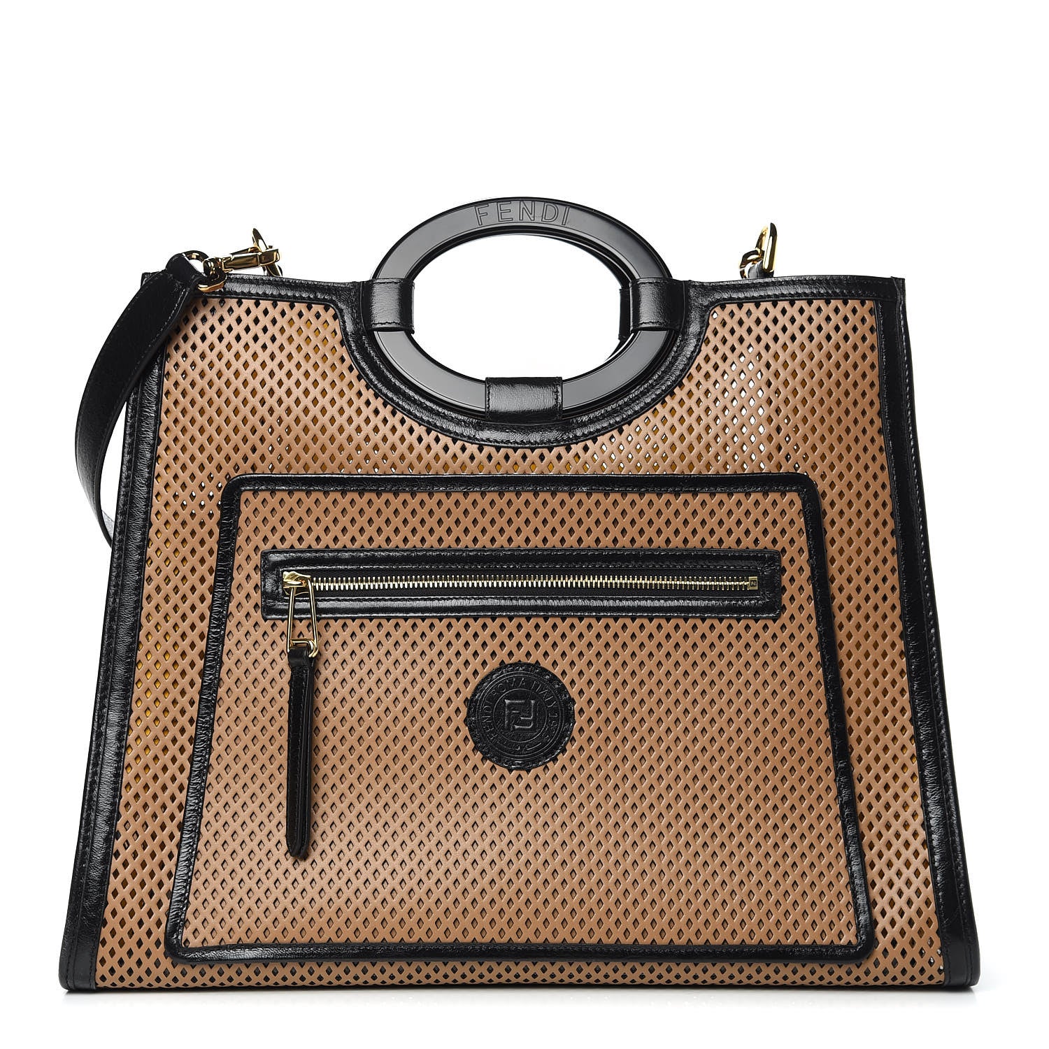 Fendi Vitello Liberty Glossy Lambskin Perforated Medium Runaway Shopper Tote Sand Mimosa Black 1 of 9