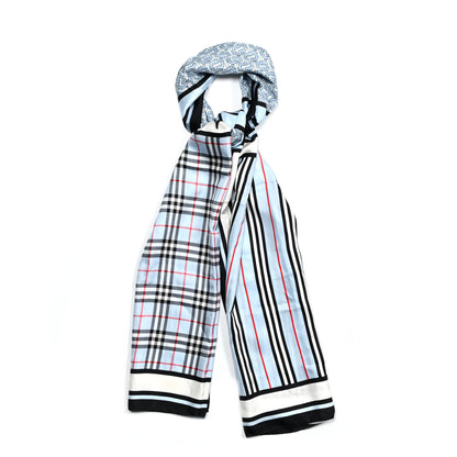 Burberry Silk Monogram Icon Stripe Check Print Scarf Pale Blue 1 of 4