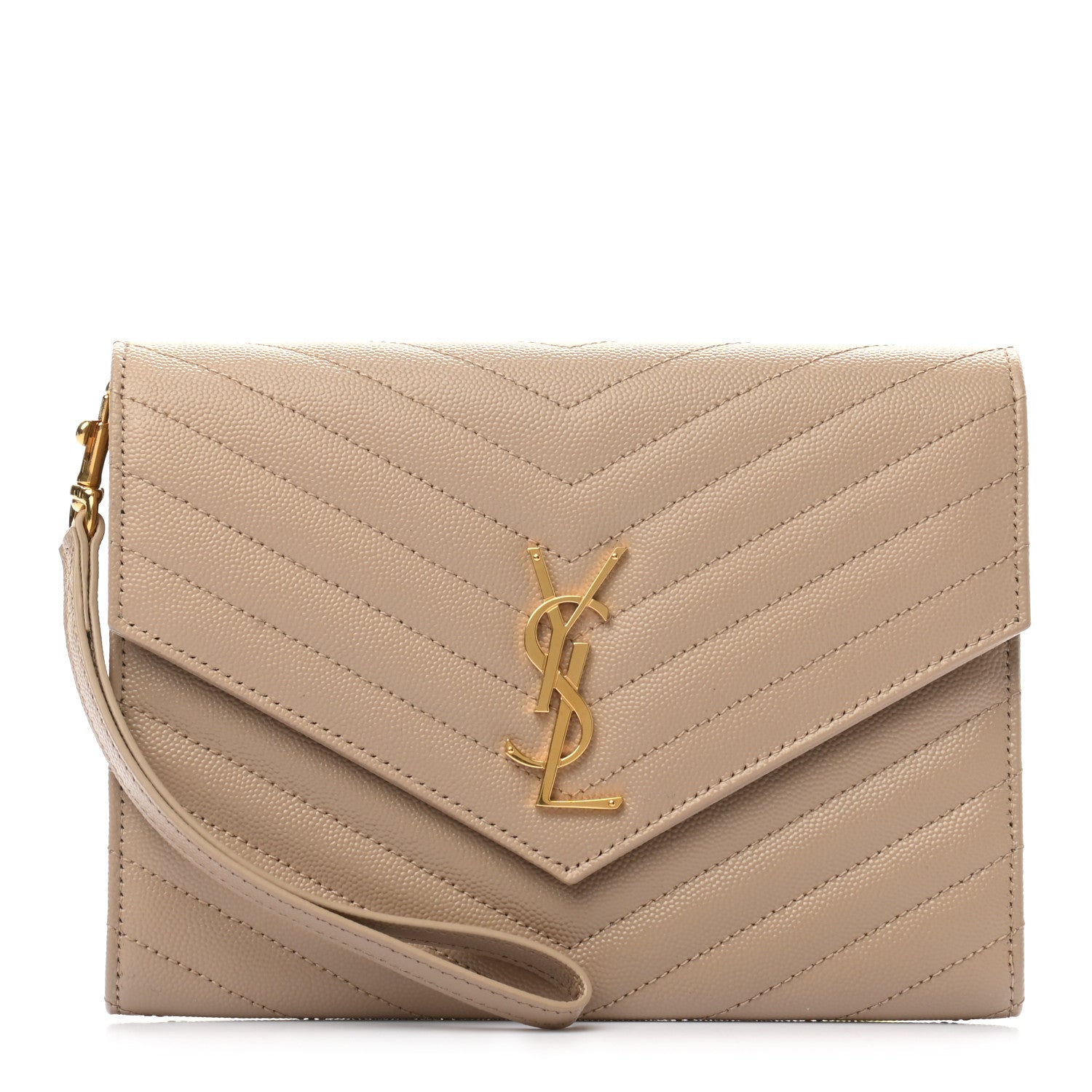 Saint Laurent Grain De Poudre Matelasse Chevron Monogram Envelope Clutch Dark Beige 1 of 10