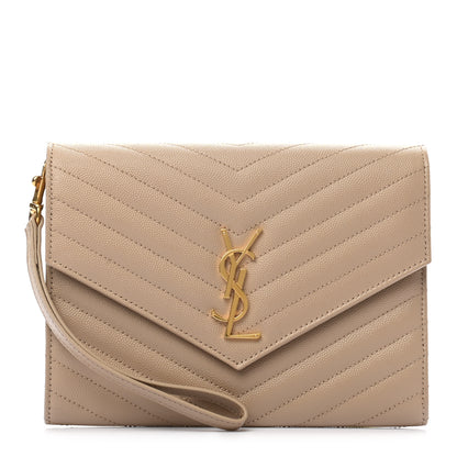 Saint Laurent Grain De Poudre Matelasse Chevron Monogram Envelope Clutch Dark Beige 1 of 10