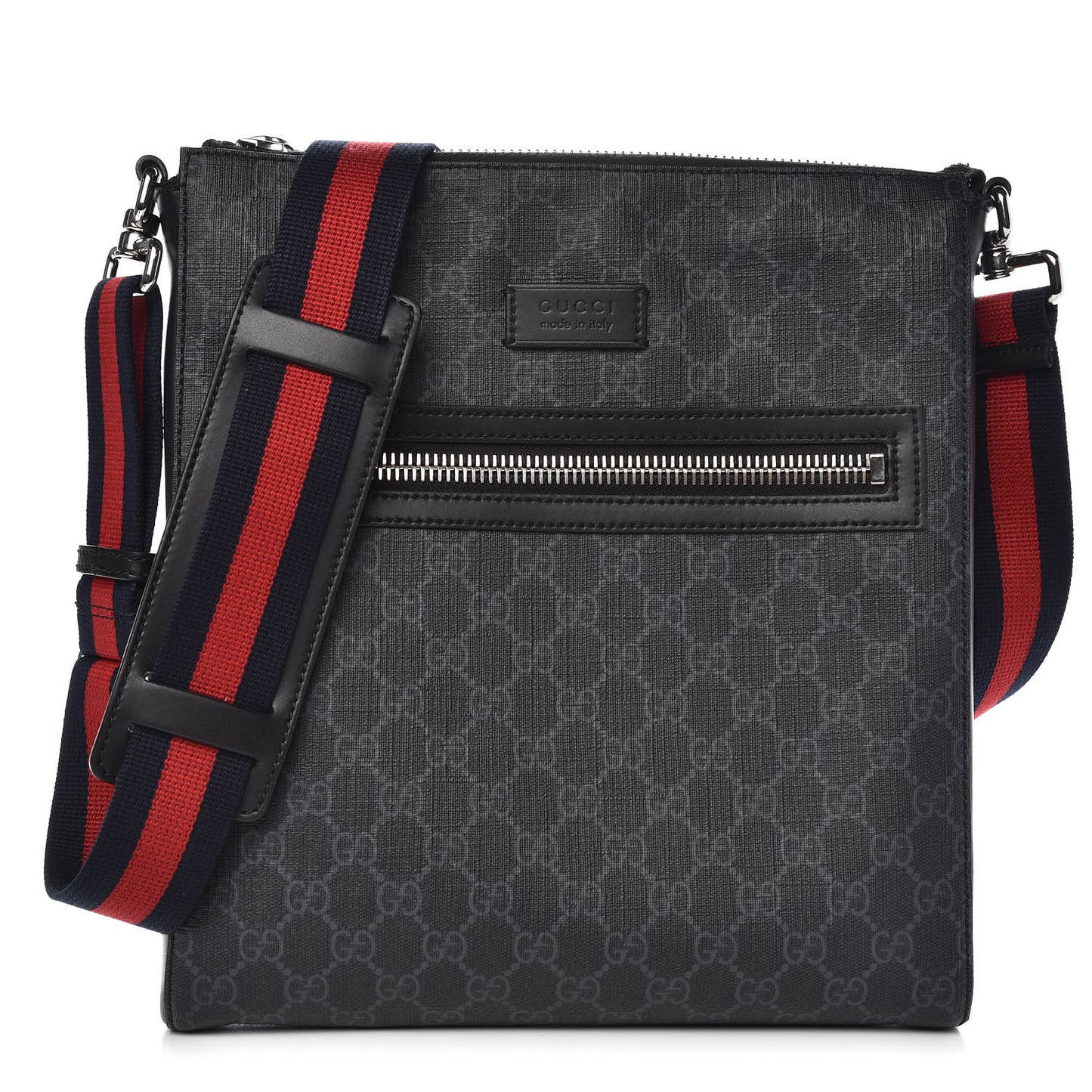 GG Supreme Monogram Appia Calfskin Web Flat Messenger Bag Black Grey