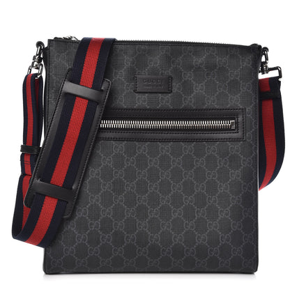 Gucci GG Supreme Monogram Appia Calfskin Web Flat Messenger Bag Black Grey 1 of 7
