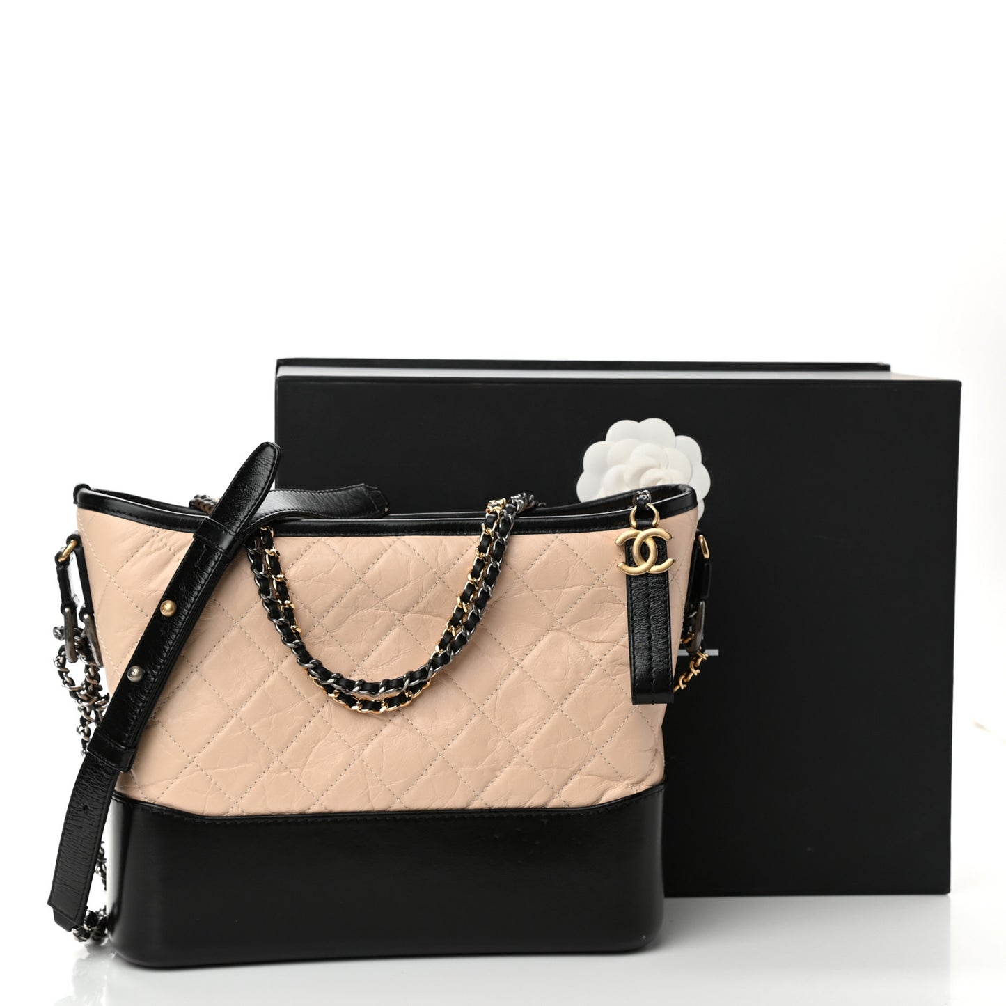 Aged Calfskin Quilted Medium Gabrielle Hobo Beige Black