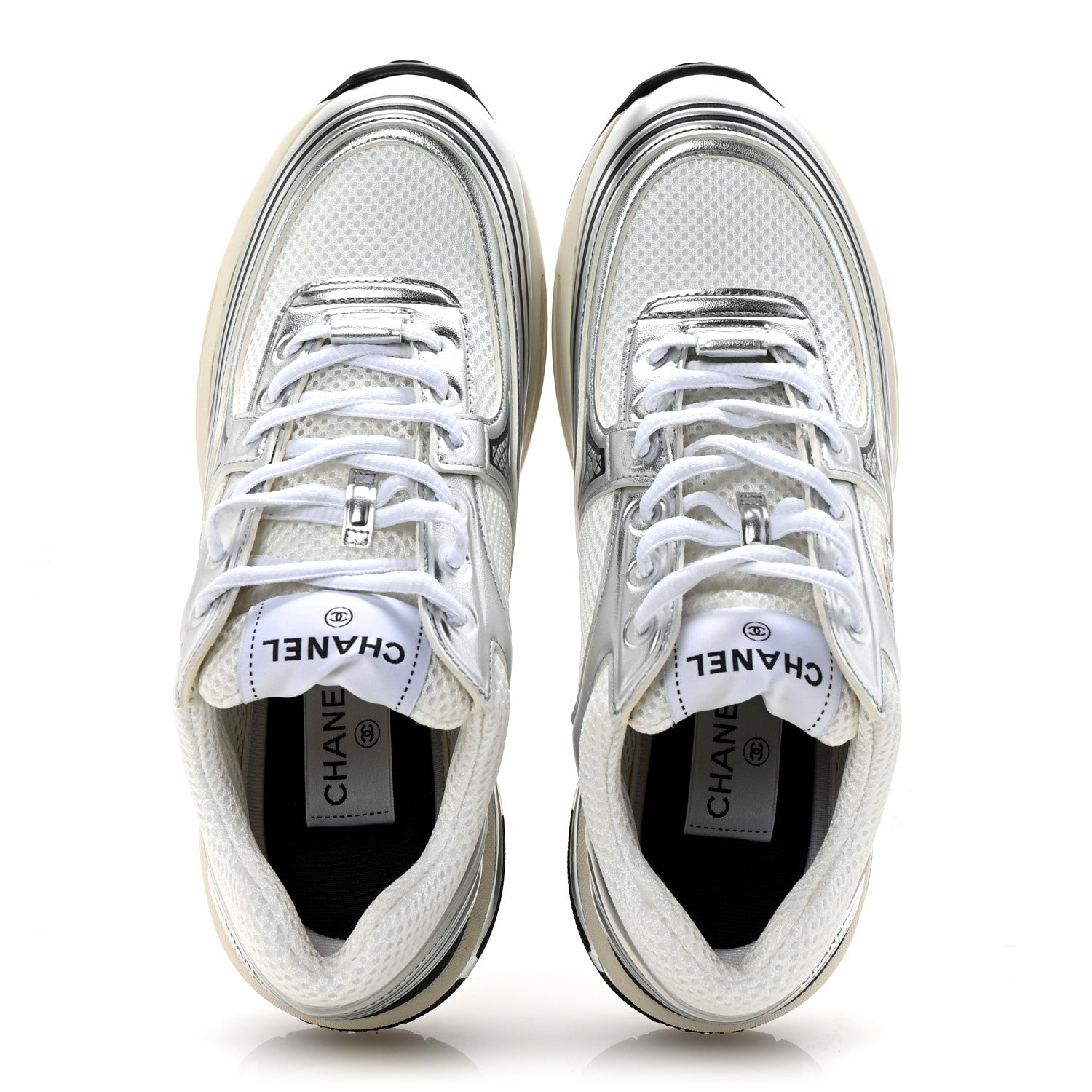 Chanel Fabric Laminated Calfskin Stretch CC Womens Sneakers 38.5 Ivory White Silver 2 of 10